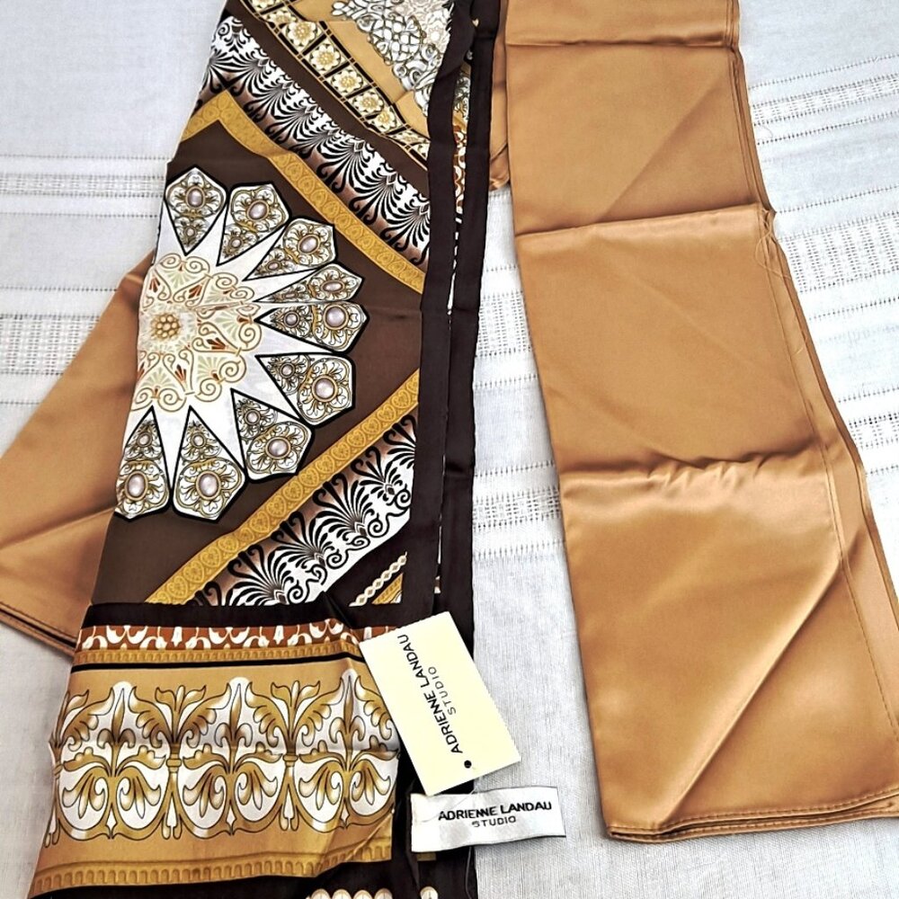 VINTAGE DESIGNER SILK & SATIN ~ ADRIENNE LANDAU ~ SCARF / SCARVES / PAIR ~ BROWN